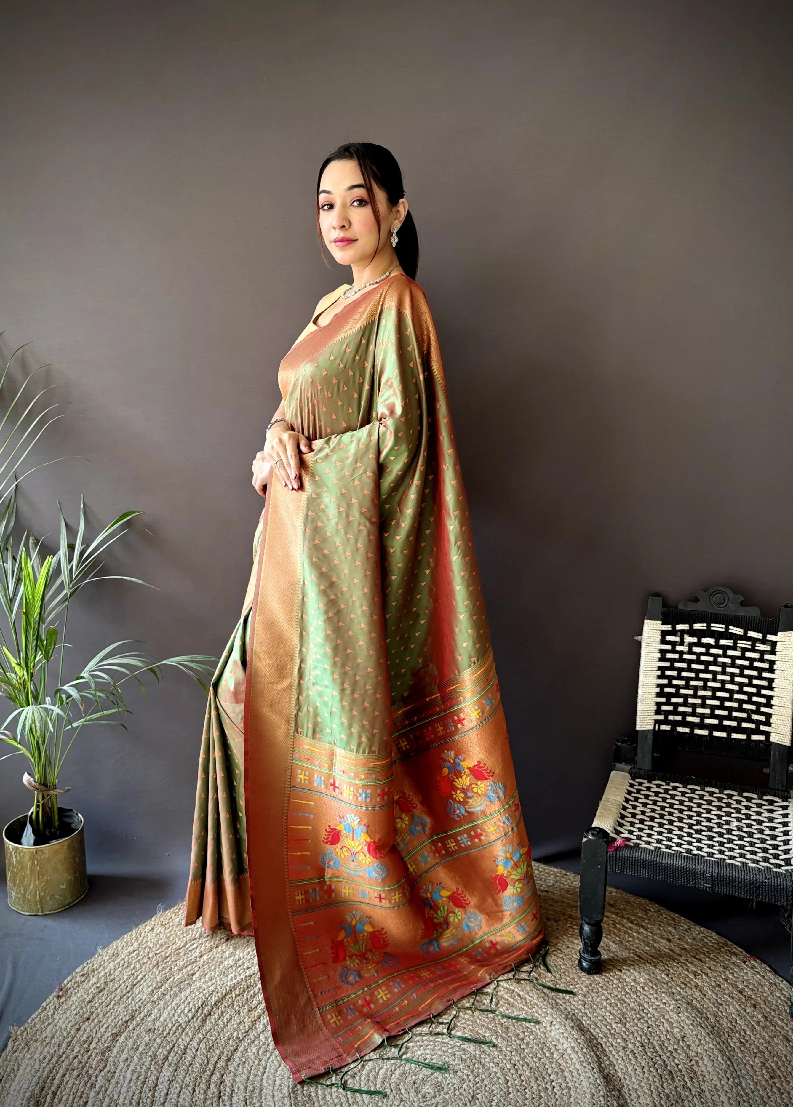 Pure Paithani Saree with Copper Zari & Designer Pallu – Soft Weave (Olive Green)
